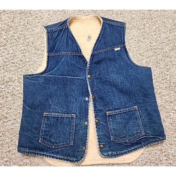 Carhartt Other - Vintage 80s Carhartt Denim Vest Men's  Large Tall Sherpa Lined Workwear Snap USA